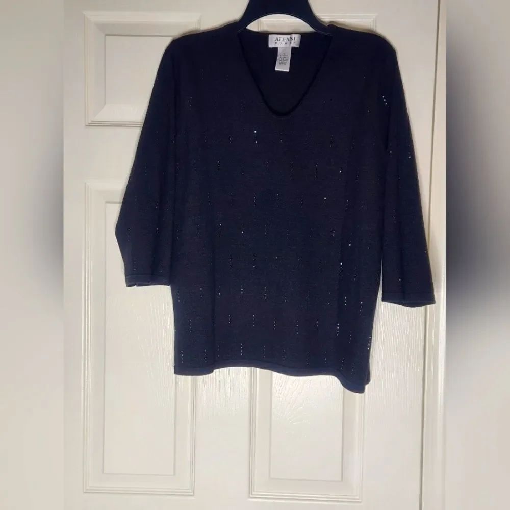Alfani Women 1X Black SILK Blend Beaded Embroidered Vneck 3/4Sleev Women Sweater